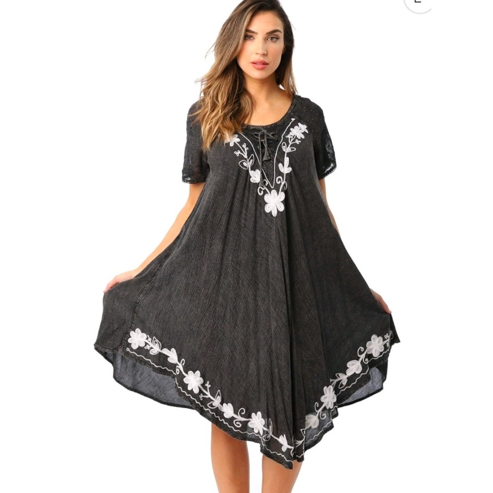 Riviera Sun Embroidered Dress L Black Short Sleeve Lace Up Flowy Boho Peasant